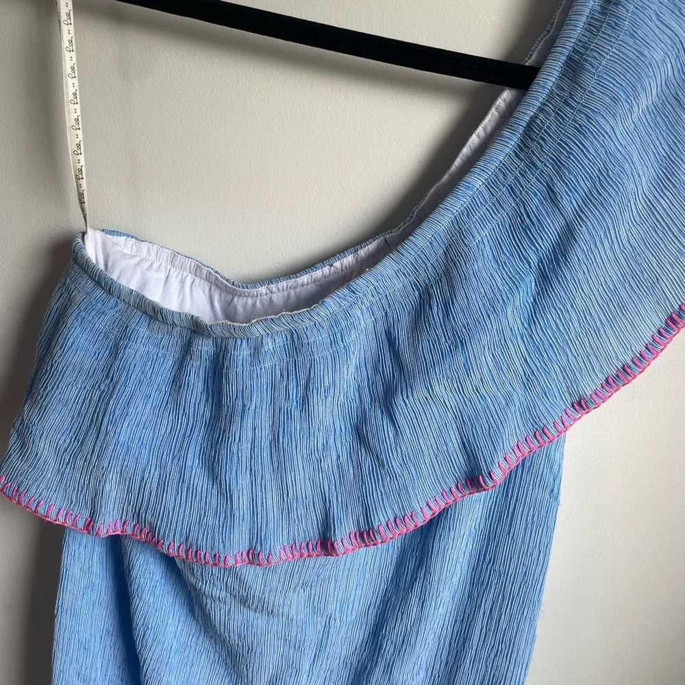 Lilly Pulitzer Emmeline One Shoulder Dress in Lapis Blue Summer Seersucker Small - Picture 4 of 6